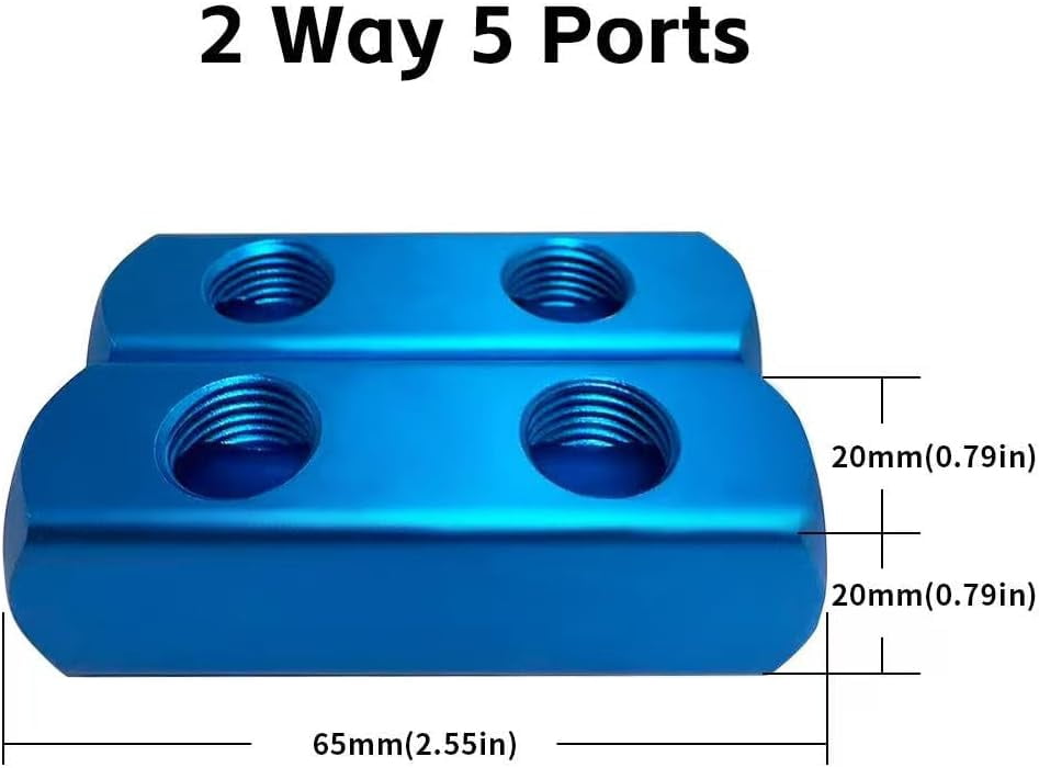 MKEUDQ-2PCS 1/4" 2 Way 5 Port Hose Inline Manifold Block Splitter, Pneumatic Air Compressor Manifold, Aluminum Air Distribution Manifold,Blue (2 Way 5 Port)