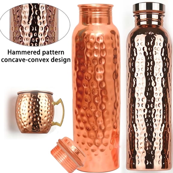 Copper Water Bottle (30oz/800ml) 100% Pure Handmade Hammered Ayurvedic Pure Copper Vessel for Drinking Heavy Duty & Leak-proof without Cup _ Bronze