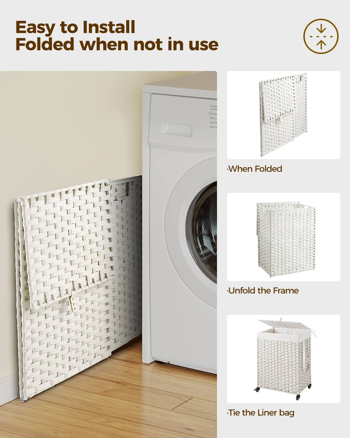 Rolanstar 90L Laundry Hamper with Wheels, No Install Needed, Divided Handwoven Hampers & 2 Removable Liner Bags, Synthetic Rattan Clothes Laundry Basket with Lid & Handles, Foldable Hampers White