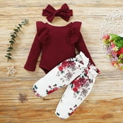 Kayannuo Baby Girl Clothes Long Sleeve Fall Winter Clearance Newborn Baby Girl Clothes Infant Outfits Ruffle Sleeve Romper Bodysuit Floral Pants Toddler Girl Outfits,Red