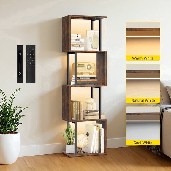 4-Tier S-Shaped Bookcase, Geometric Bookshelf, Wooden Storage Display Shelf for Living Room, Bedroom and Home Office,Brown