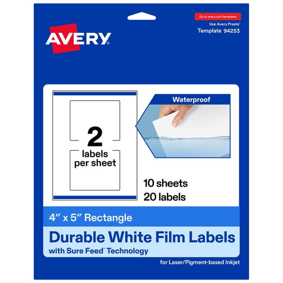 Avery 4" x 5" Waterproof Rectangle Labels, 20 Labels