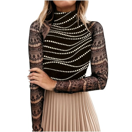

Women s Mesh Sheer Tops Sequins Tunic Ruffles Blouse Striped Print Plus Size See Though Splicing Pullover Casual Long Sleeve Turtleneck Slim Fit Shirts