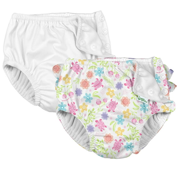 i Play (2 Pack) Girls Reusable Absorbent Baby Swim Diapers - Swimming Suit Bottom | No Other Diaper Necessary White Turtle Floral and White 12 Months