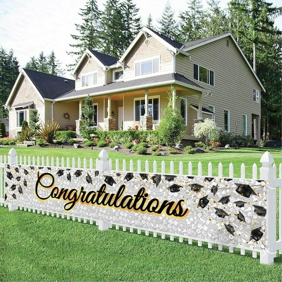 White and Gold Congratulations Banner - 120x20 Inch | White and Gold Graduation Yard Banner for Outdoor Graduation Decorations 2025 | Class of 2025 Decor, Grad Party Decorations