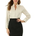 thumbnail image 1 of Camisa de satén de oficina con botones de manga larga y cuello alto con volantes para mujer Inspire Chic en color beige, 1 of 7