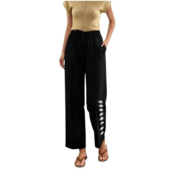 ROHUUQUE Jogger Pants for Women Cotton Linen Mid Rise Elastic WaistSolid Loose Cropped Trousers with Side Pockets Side Button Black