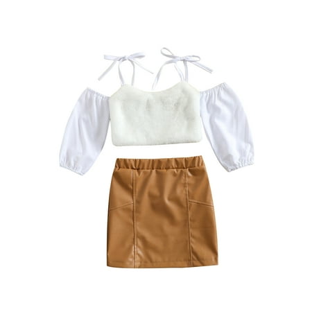 

Bagilaanoe 2pcs Toddler Baby Girls Skirt Set Tie-up Straps Off Shoulder Crop Tops and Leather Skirt 6M 12M 18M 24M 3T 4T Clothing
