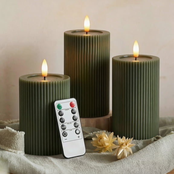 WYZworks Fluted Ribbed LED Pillar Candles, Loden Green, with Realistic Reflective Melted-Wax Effect – Flickering Flame, Remote, Dimmable, Flameless, Battery Operated, Home & Wedding Decor (Set of 3)