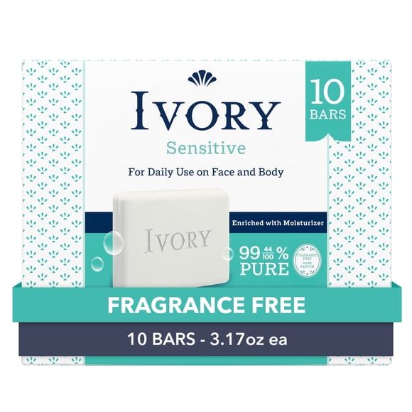 Ivory Sensitive Soap Bar, family-friendly with 99.44% pure formula. Plant-based cleansers, no strong fragrances, parabens, or phthalates. Unscented, 90 g (3.17 oz), pack of 10 units.