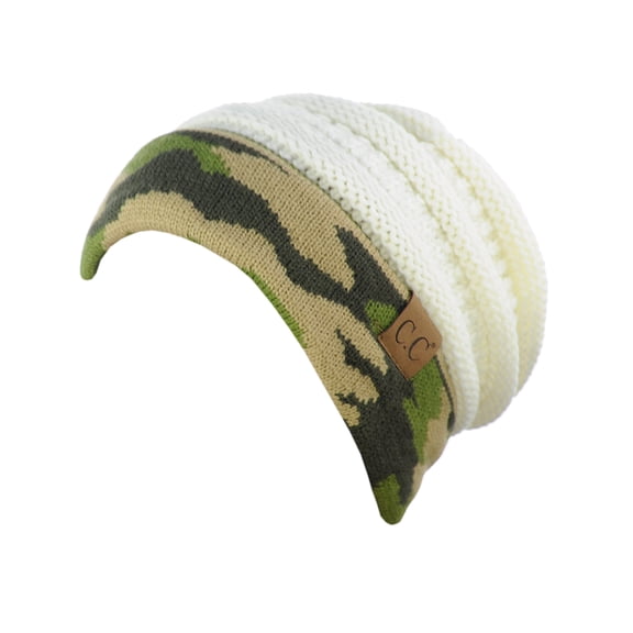 NYFASHION101 Warm Soft Stretch Cable Knit Camo Cuff Slouchy Beanie - Ivory