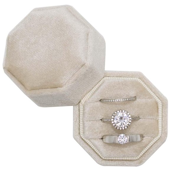 Lohol Velvet Ring Box 3 Slots, Octagon Premium Handmade Holder for Wedding, Proposal, Engagement, Photography
