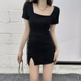 thumbnail image 2 of SMihono Stylish Women's Sexy Bodycon Short Sleeve Square Neck Solid Side Slit Ruched Party Club Evening Mini Dress Black L, 2 of 8
