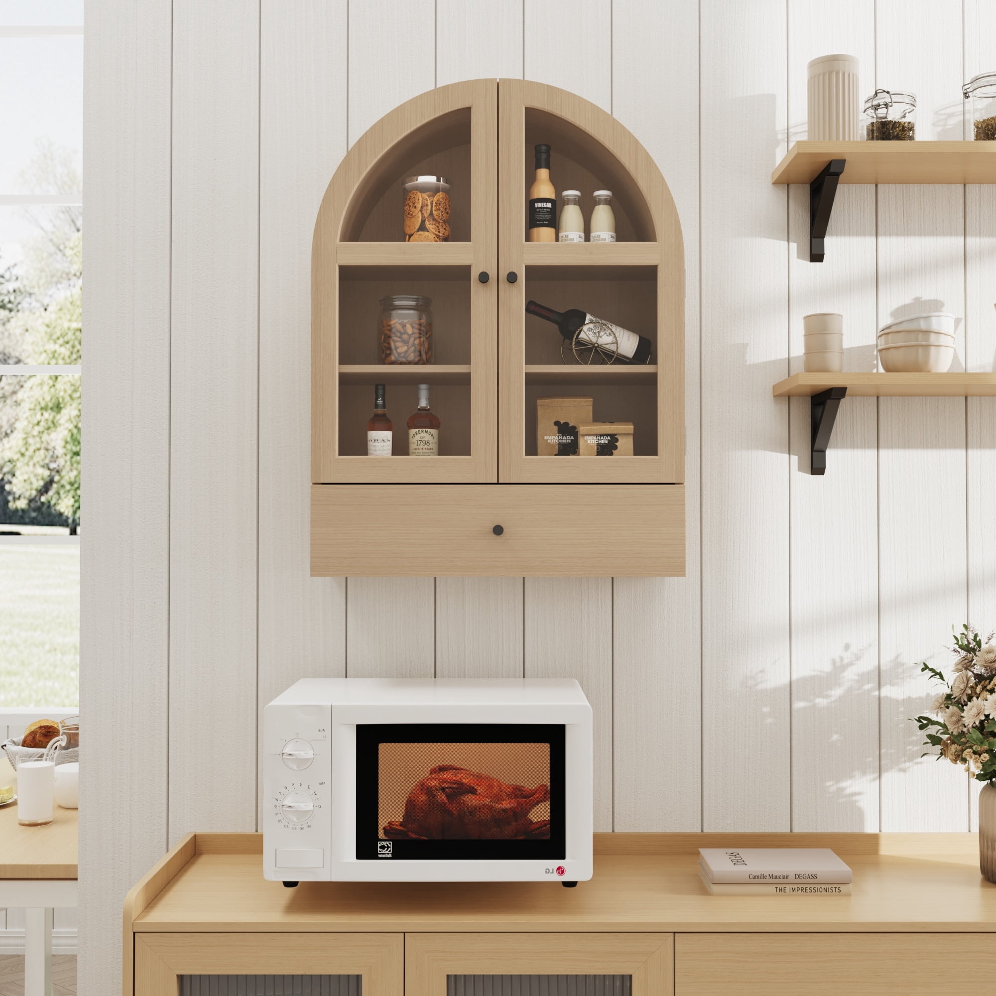 Bathroom Arched Wall Cabinet Over The Toilet Storage Cabinet, Bathroom Cabinet Wall Mount with Glass Doors, Wood Cabinet for Laundry Room, Bedroom Kitchen, Natural