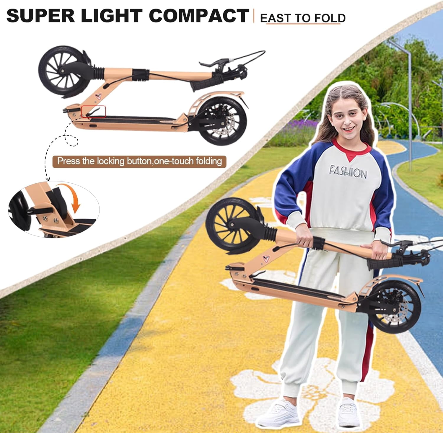 Kick Scooter for Ages 6+,Kid, Teens & Adults. Max Load 220 LBS. Foldable, Lightweight, 8Inch Big Wheels, 4 Adjustable Levels, Disc Brake