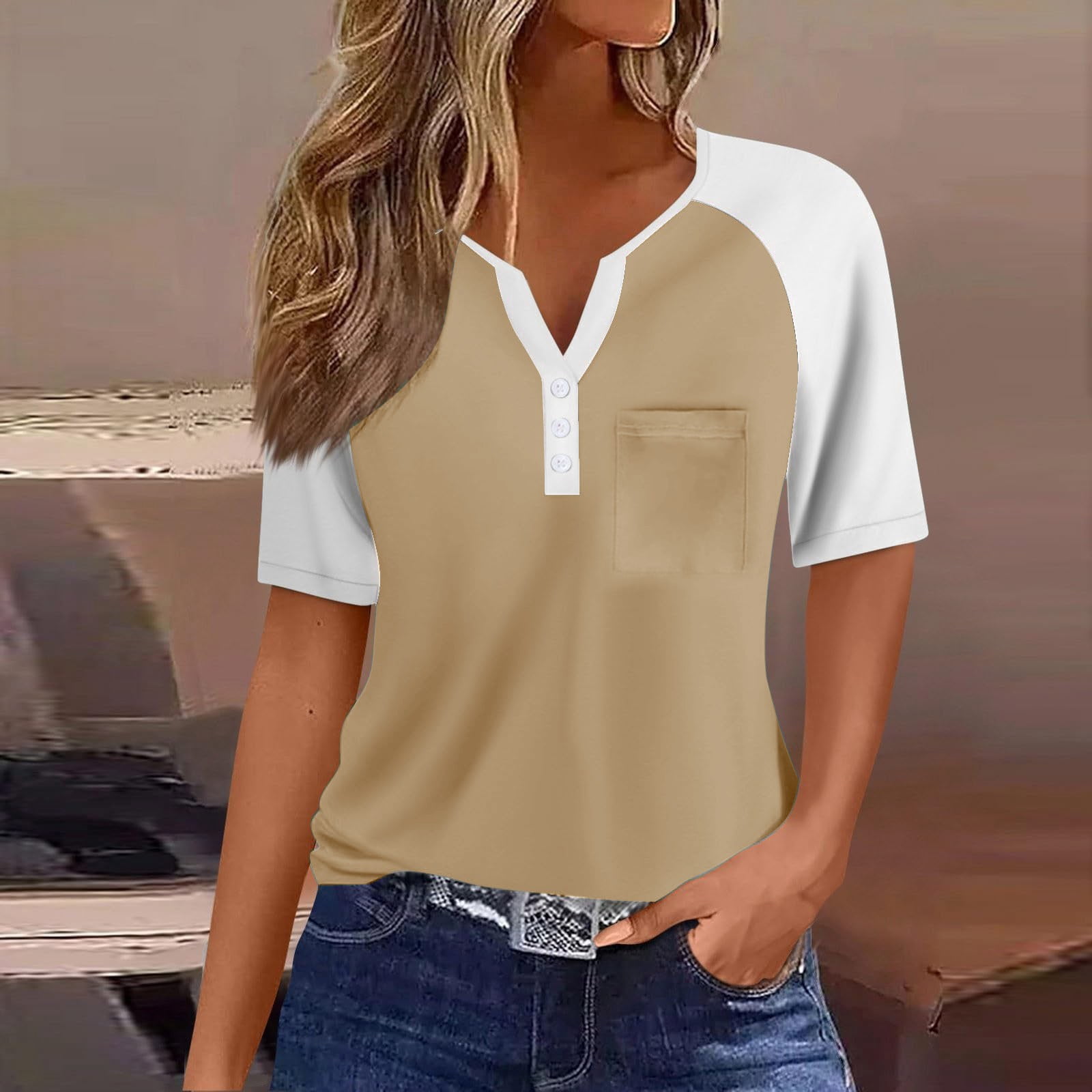 Women's Summer Casual Color Block Short Sleeve T-Shirt Blouse - Round Neck Pocket Top In Khaki - View #2