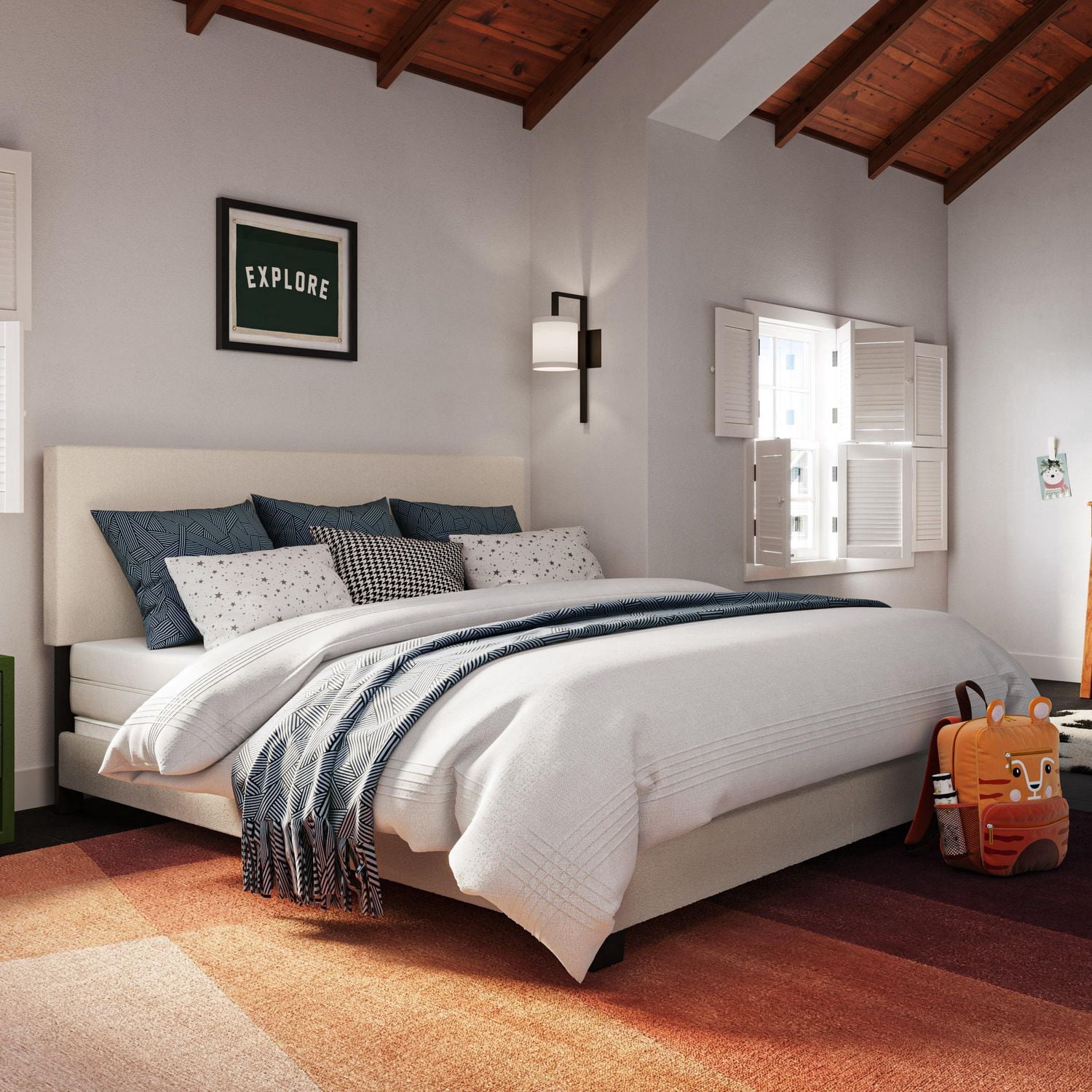 Lit adulte capitonné CorLiving Celeste en tissu bouclé blanc cassé avec tête de lit, sommier requis