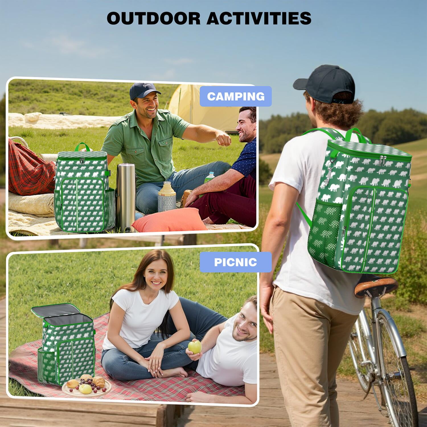 Travel Cooler Bag - Green Dinosaurs Pattern Camping Beer Cooler Backpack with Bottle Opener- Waterproof Insulated Picnic Backpacks - Cooler Bag for Beach