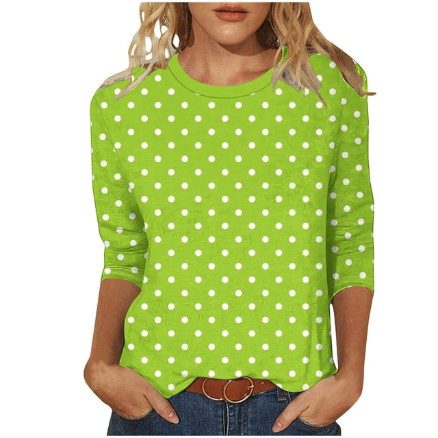 T-Shirts Grande Taille pour Femmes à Manches 3/4 à Pois, Col Ras du Cou, T-Shirts Graphiques de Base, Hauts d'Été Décontractés (S, Vert)