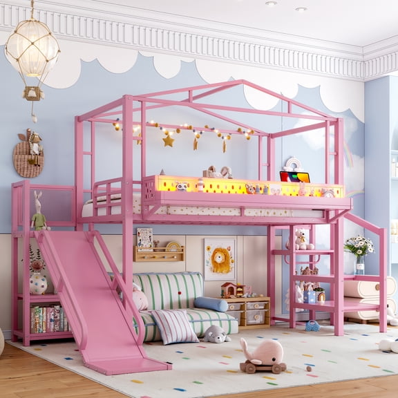 Leumius Twin Size Loft Bed with Storage Stairs, Metal Loft Bed Frame with Built-in Wardrobe,Storage Shelves,USB Ports and LED Lights,Noise-reduced Design,Pink