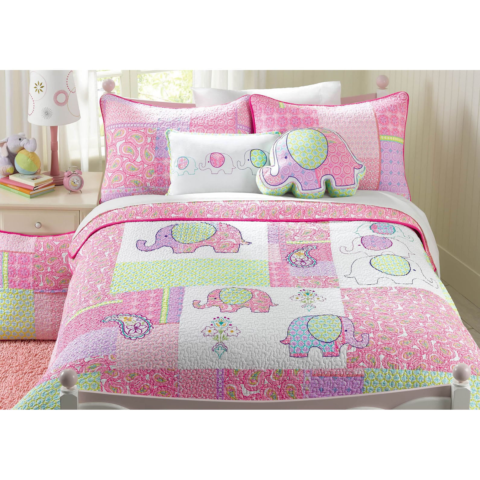 Fancy Linen 3pc Twin Size Reversible Bedspread Elephants Pink Green Blue New