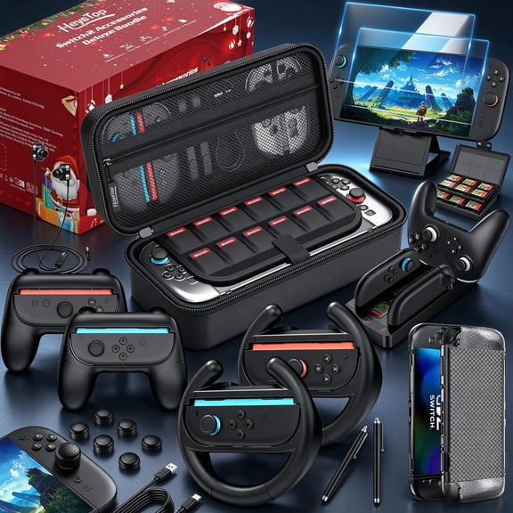 HEYSTOP Switch 2 Accessories Bundle for Nintendo,Switch 2 Accessories Kit 2025 for Nintendo,25 in 1 Game Kit:Carrying Case,Screen Protector,Grips for JoyCon Controller Console,Earphone, Charging Dock