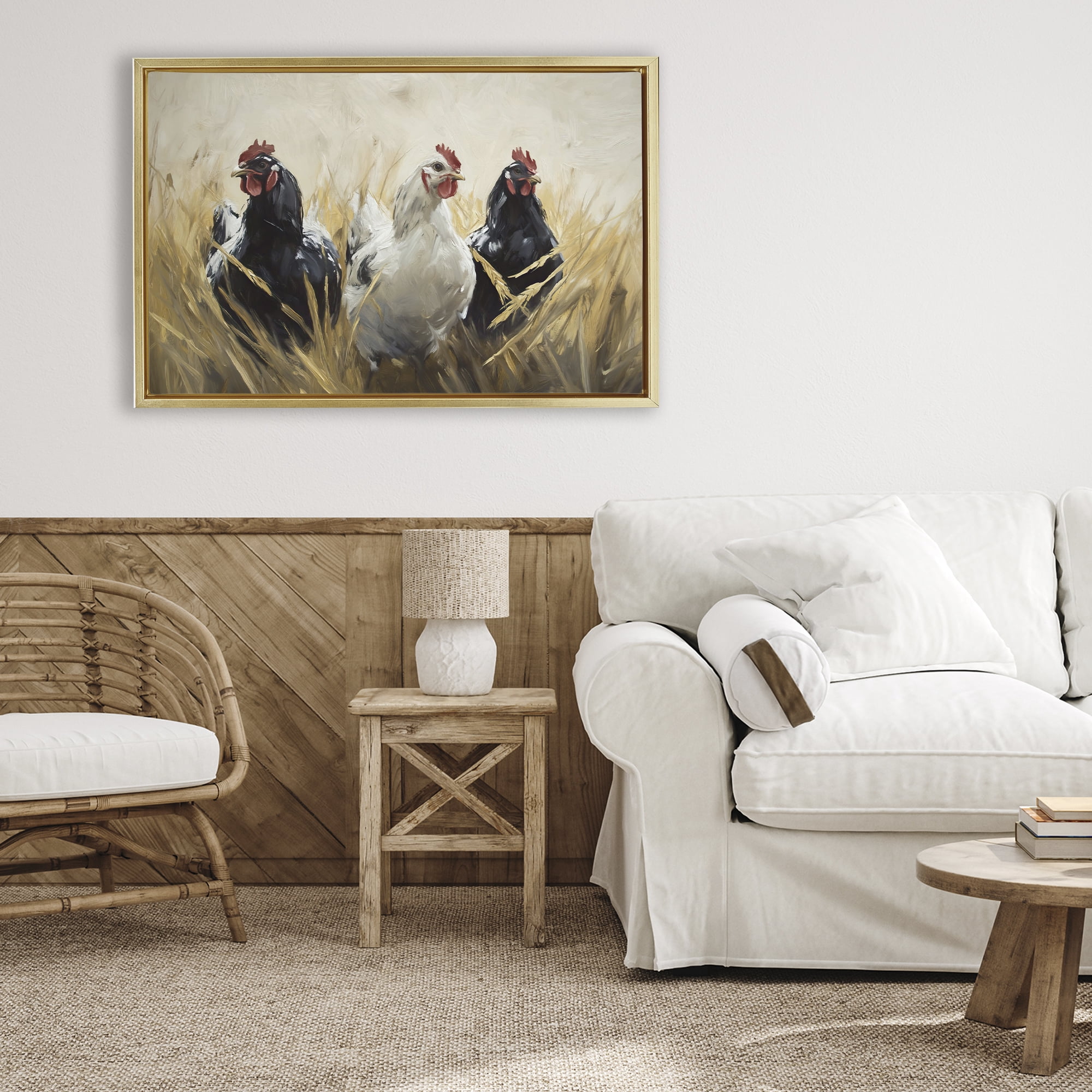 Stupell Industries Chickens In Wheat Field Gold Framed Floater Canvas Wall Art, design by Tina LeCour