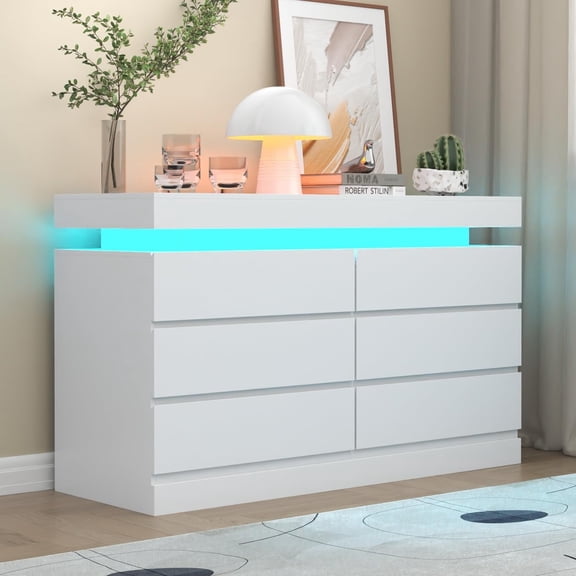 6-Drawer Dresser with Power Outlet, White Dresser with LED Light, Modern Chest of Drawers for Closet, Double Wide Drawer Organizer Cabinet for Bedroom, Living Room, Entryway, Hallway – STIKELY