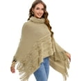 thumbnail image 3 of Women's Elegant Knitted Shawl Poncho with Fringed High-Neck Striped Sweater Pullover Cape, 3 of 6