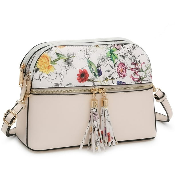 Bandolera Dasein para mujer, borla, bolsillo con cremallera, flor blanca