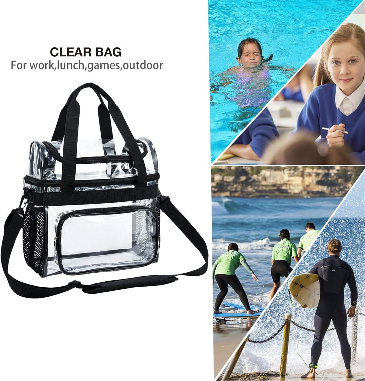 Tutuviw Clear Double-Decker Lunch Bag, Extra Large Clear Tote Bag for Men and Women, Stadium Bags, Plastic Transparent Food Lunch Box Containers for Work, Picnic (11 in)