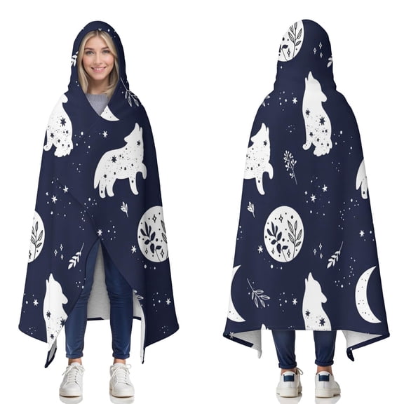 Wearable Blanket,Celestial Wolf Halloween Pattern Hooded Wearable Sherpa Blanket for Adults & Teens,Winter Poncho Shawl Wrap Cape Thick Warm,50"x60"