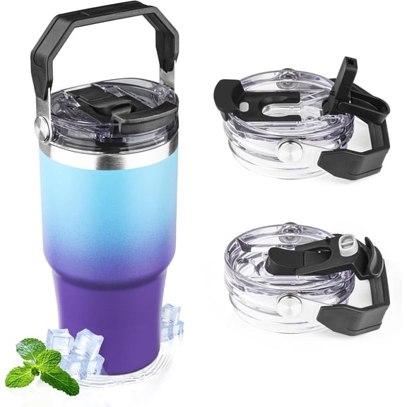 20oz Tumbler with Handle and Flip Straw Lid Double Wall Insulated Travel Coffee Mug Stainless  Vacuum Insulated Coffee Tumbler Cup for Hot and Cold Beverages Leak-proof&(20oz,Blue Purple)