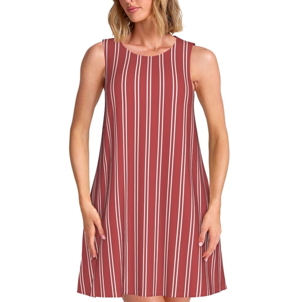 Balery Stripes Red White Vestidos de verano para mujer con estampado: vestido holgado sin mangas, vestido playero informal y cómodo para días calurosos.