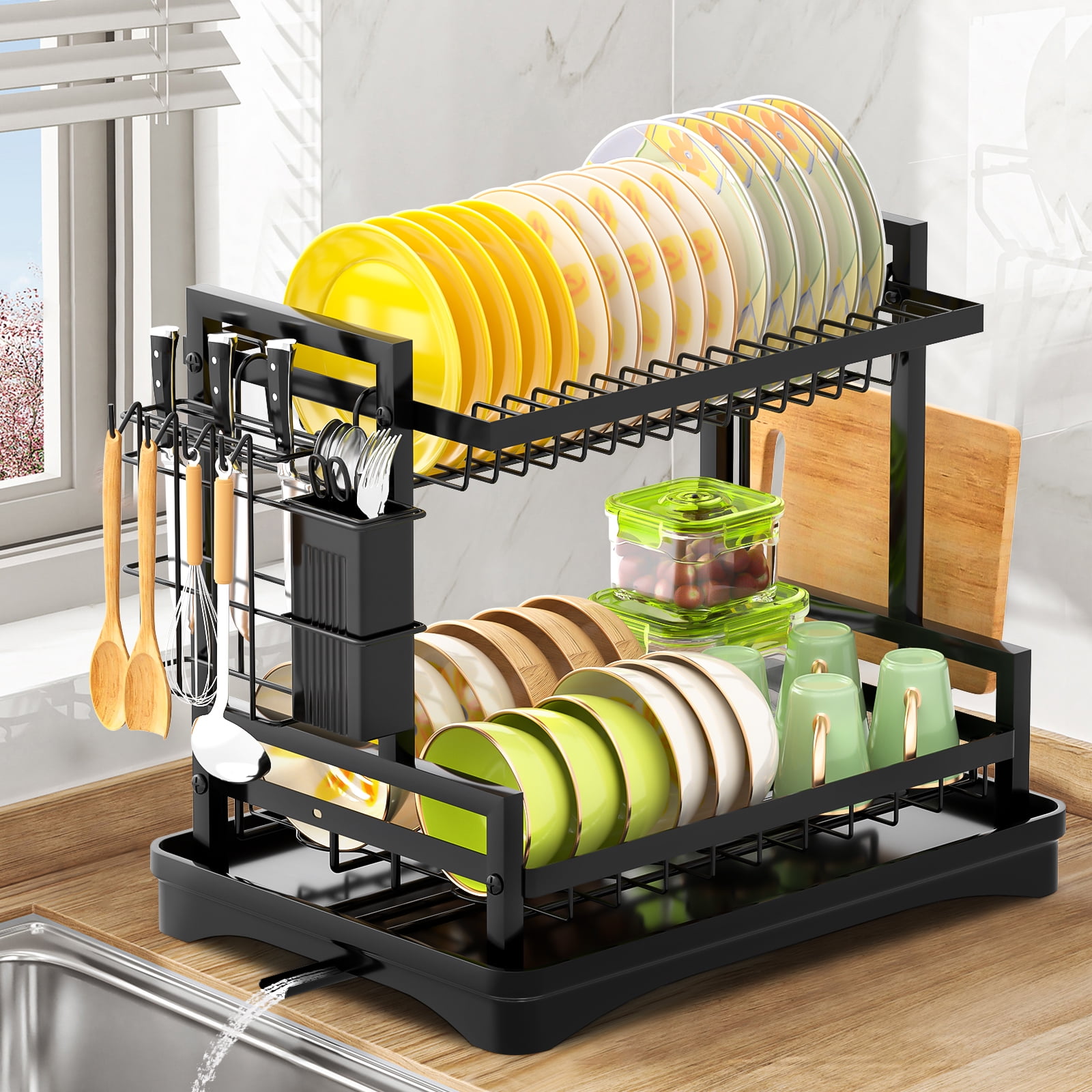 Dish Drying Rack, WLRETMCI Dish Rack for Kitchen Counter,Large Dish Drainer Organizer with Utensil Cups Holder for Home Kitchen