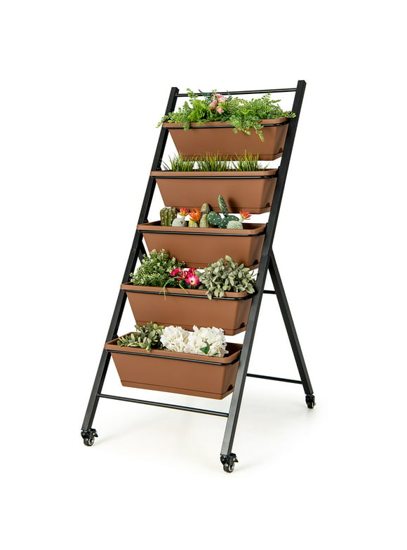 Costway 5-Tier Vertical Raised Garden Bed Elevated Planter with Wheels & Container Boxes Brown
