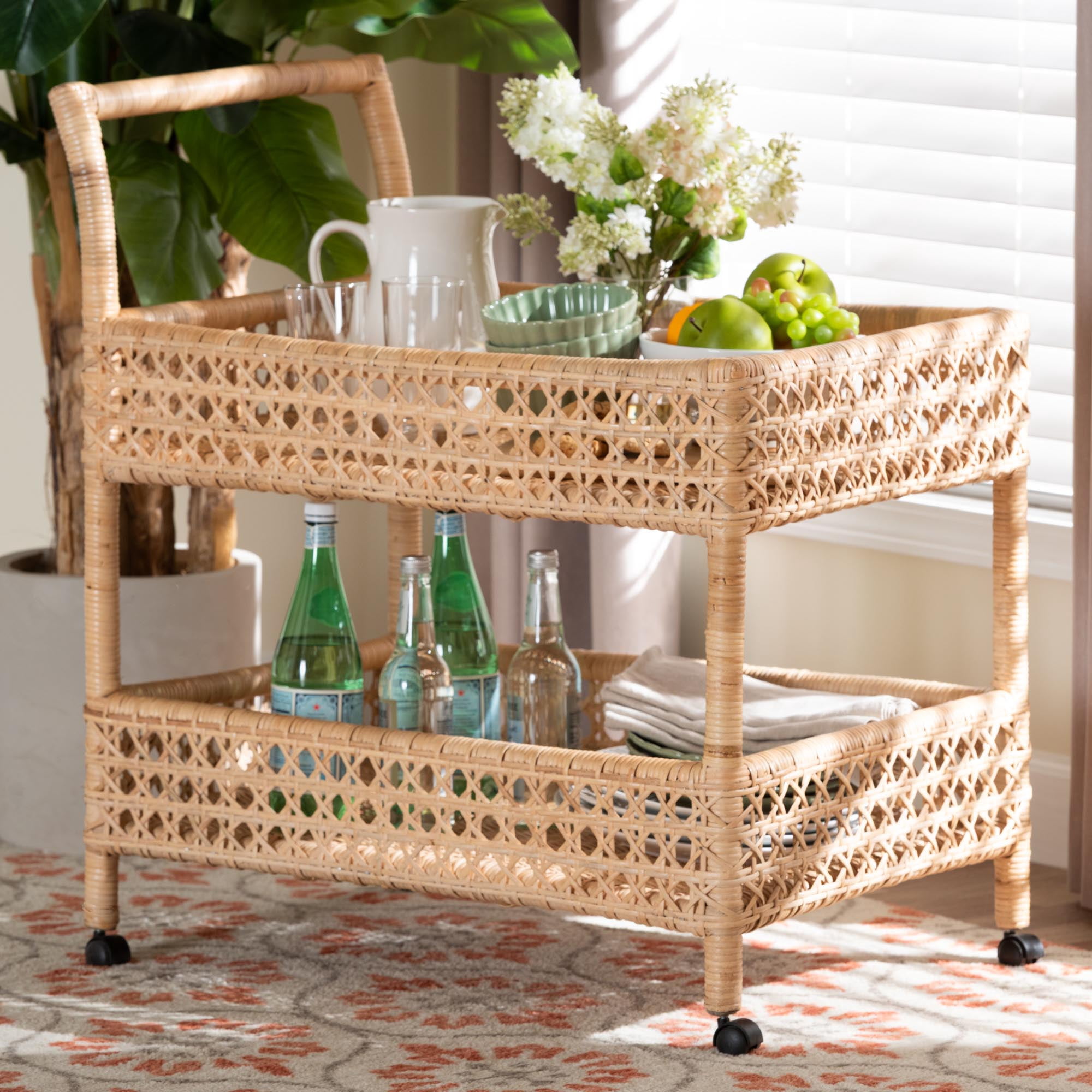 bali & pari Alaina Boho Kitchen Cart, 2-Tier, Natural Rattan