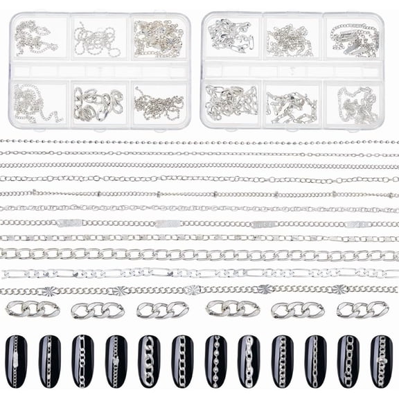 12Pcs 2 Styles Nail Chains Metal Nail Art Chain 3D Silver Chains Alloy Nail Art Decorations Accessories Punk Nail Studs Charms DIY