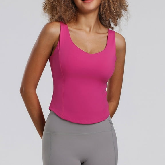 QUNYINEY Solid Tank Tops Women Camisole Casual Sleeveless Crew Neck Tops Padded Workout Slim Tank Tops