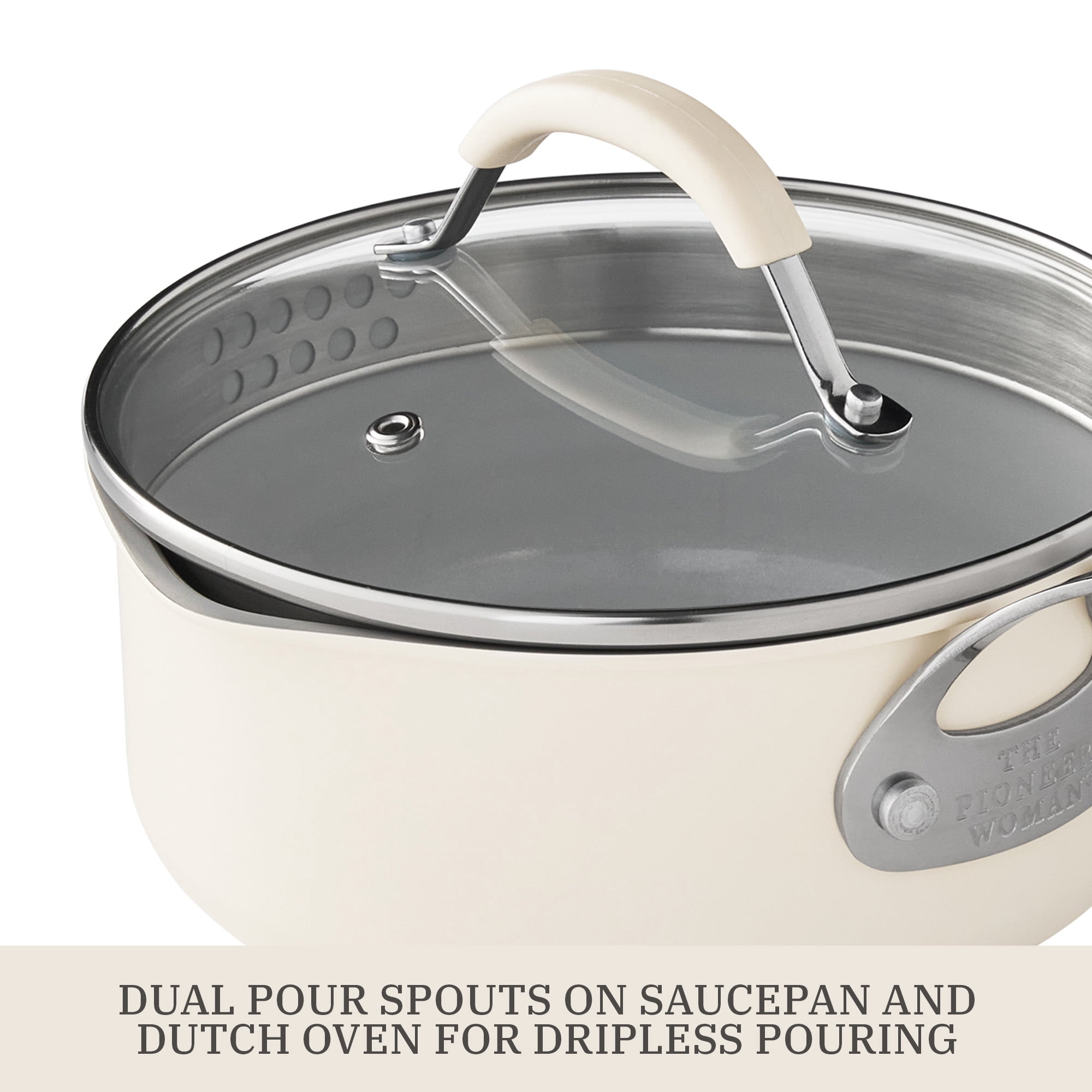 The Pioneer Woman Sutton 17-Piece Ceramic Cookware Set with Strainer Lids and Cookie Sheet with Rack, Cream