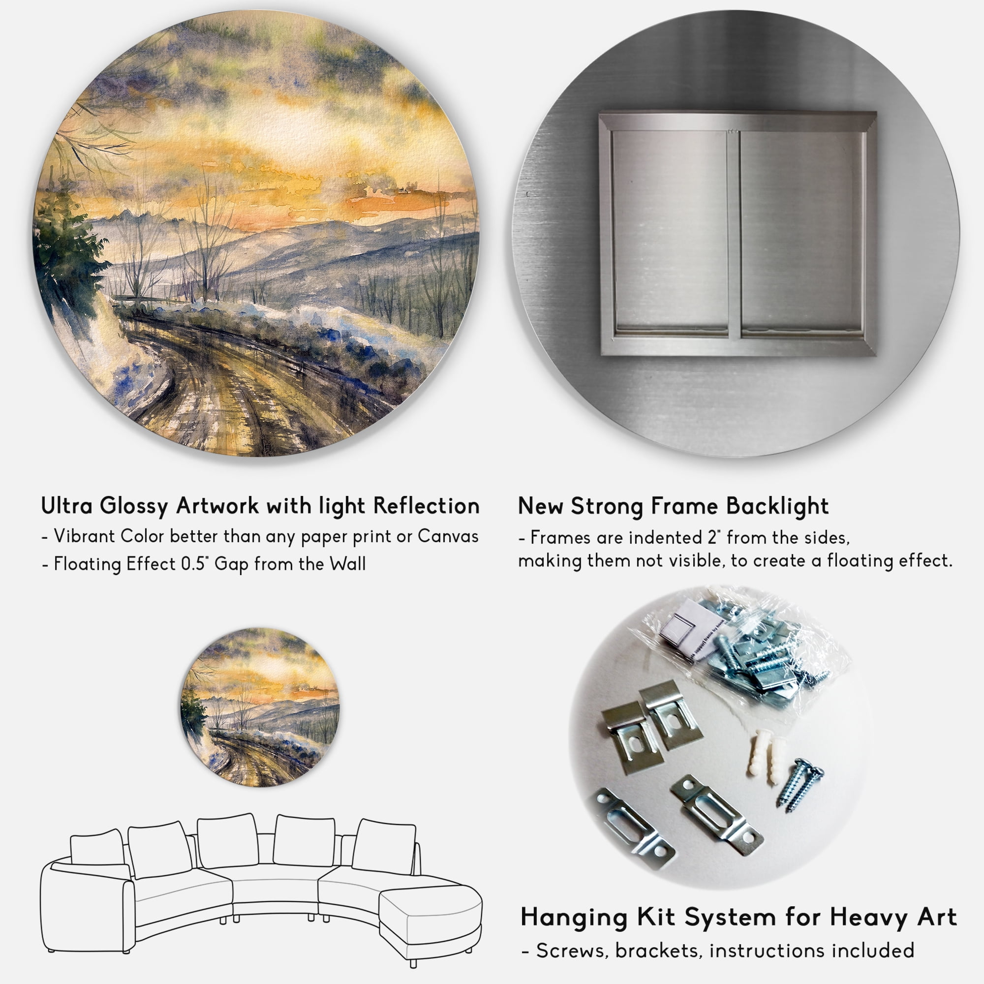 Designart 'Road Under Bright Sunset With Winter Landscape' Traditional Circle Metal Wall Art 29x29 - Disc of 29
