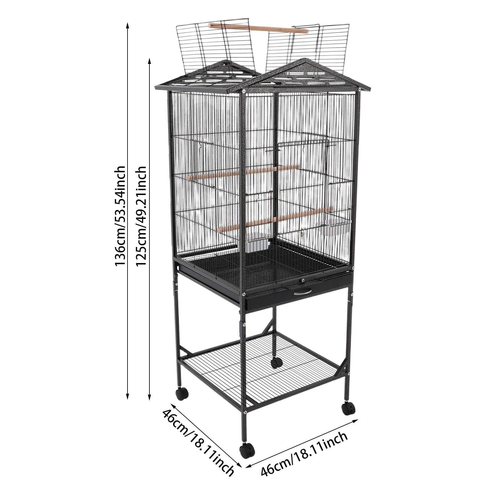 Metal Bird Cage, Bird Cage with Play Open Top, Bird Cage with Wheels for Homes, Living Rooms, Balconies, Pet Shops, and More (18.11*18.11*49.21in) (Black)