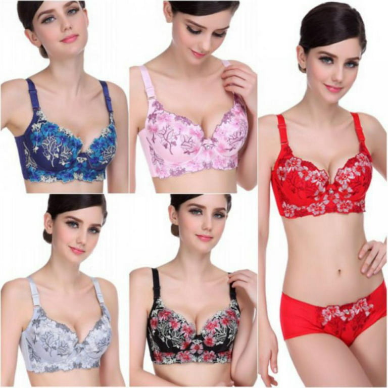 Women Embroidery Lingerie Push up Padded Bras Floral Underwire Lace Bra and Panty  Set Sexy Soft 