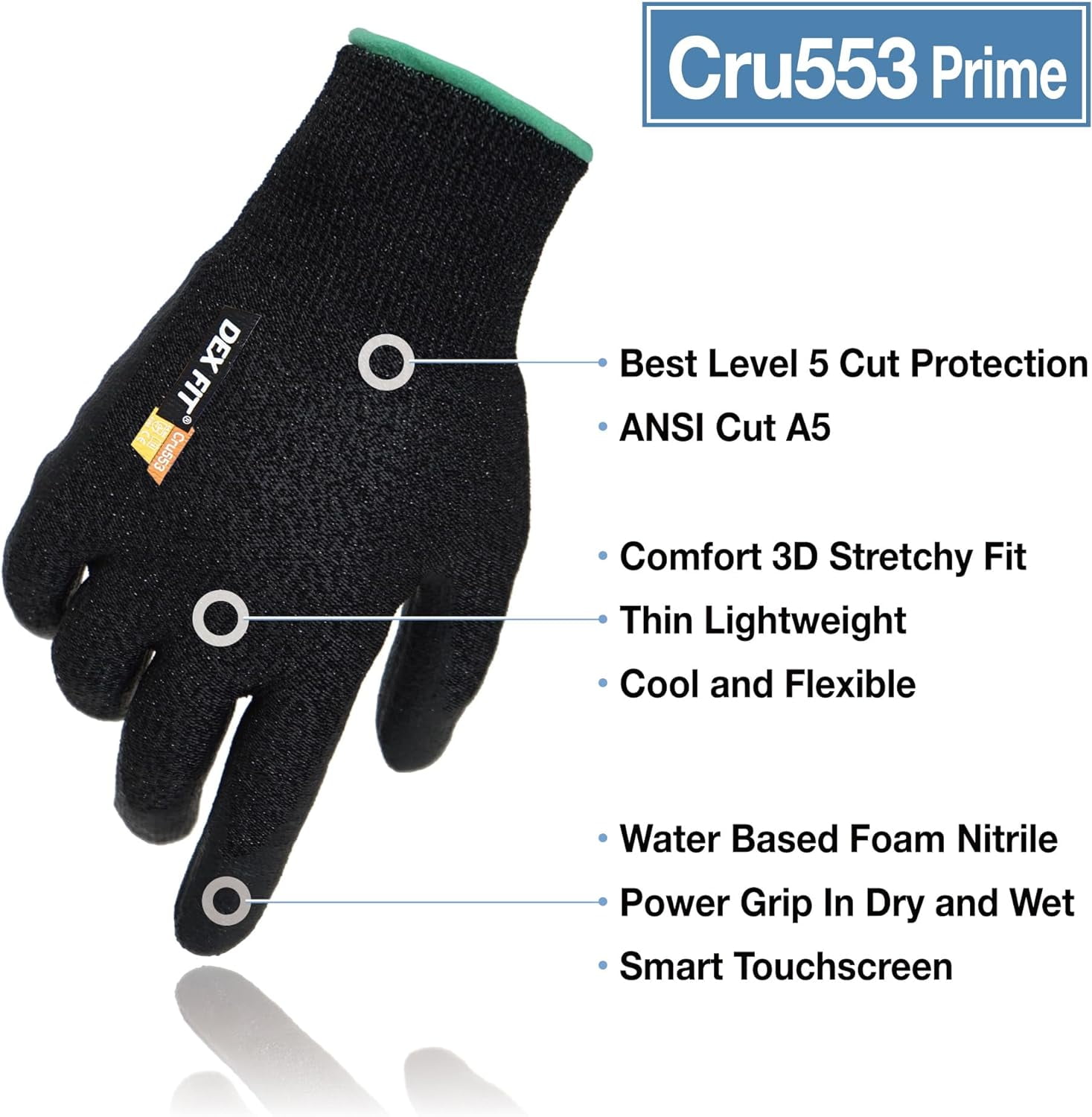 DEX FIT CRU553 Prime Black Level 5 Cut Resistant Gloves (Power Grip, Durable Foam, Large) - 1 Pair
