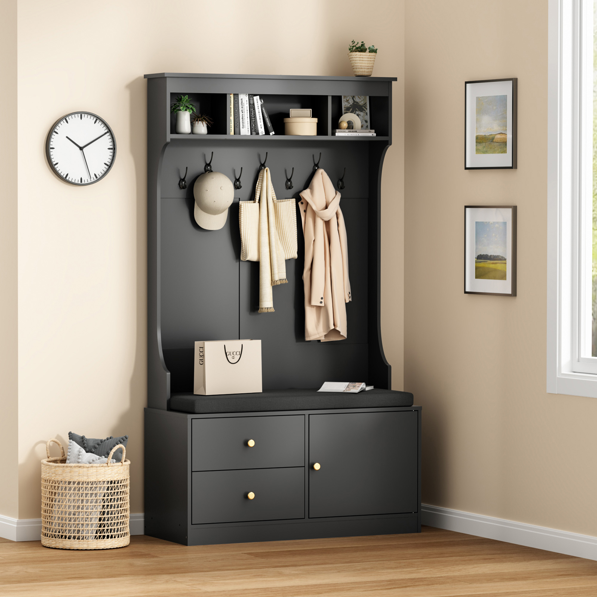 MAYEERTY White 71" 6-in-1 Farmhouse Hall Tree with Shoe Storage, 7 Hooks & Mudroom Bench for Entryway