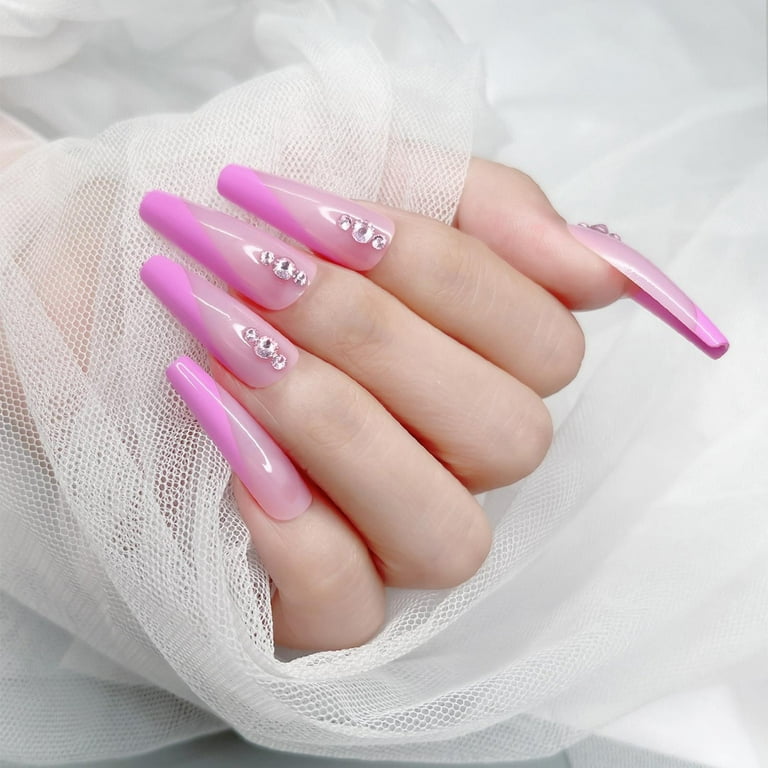 Morily 24Pcs Pink Press on Nails Medium Length Long Ombre Fake Nails Kit  with Rhinestones Design Glossy Crystal False Nail Acrylic Finger Nail Art