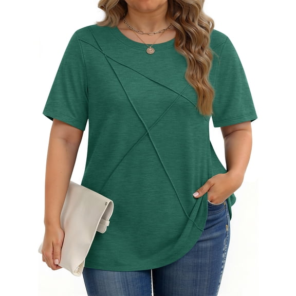 Fantaslook Women Plus Size Tops Pleated Crewneck Short Sleeve Shirts Casual Summer Tops