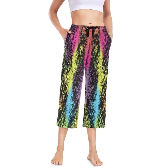 Women's Cropped Pajama Pants Wide-leg Summer Sleep Pants with Pockets Loose Fit Comfy Pj Pants ,Snake Neon Print S