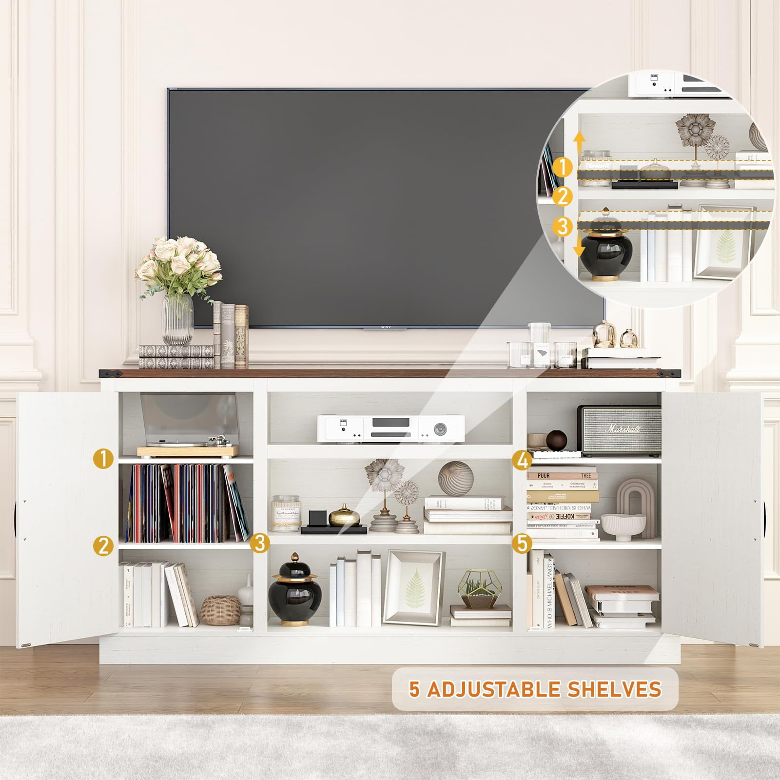 ChVans Farmhouse TV Stand for 65" 70" up 75" TVs with Power Outlet, 33" Tall TV Stand Entertainment Center with Storage, White TV Consoles For Living room Bedroom