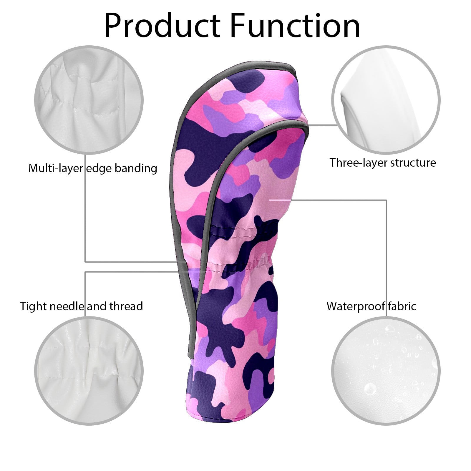 Golf Club Covers PU Leather Waterproof Head Covers for Fairway Woods Hybrids Pink And Purple Camouflage Unisex Fits Most Brands